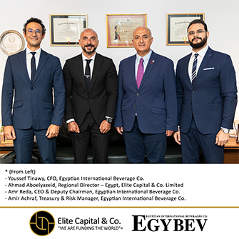 (From Left) * Youssef Tinawy, CFO, Egyptian International Beverage Co. * Ahmad Aboelyazeid, Regional Director – Egypt, Elite Capital & Co. Limited * Amr Reda, CEO & Deputy Chairman, Egyptian International Beverage Co. * Amir Achraf, Treasury & Risk Manager, Egyptian International Beverage Co.