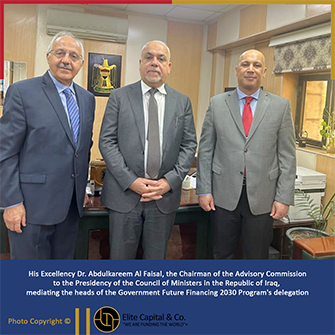 His Excellency Dr. Abdulkareem Al Faisal, the Chairman of the Advisory Commission to the Presidency of the Council of Ministers in the Republic of Iraq, mediating the heads of the Government Future Financing 2030 Program’s delegation